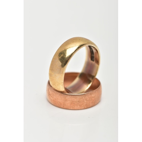 16 - TWO WIDE 9CT GOLD BAND RINGS, the first a polished yellow gold band, approximate width 7.1mm, hallma... 