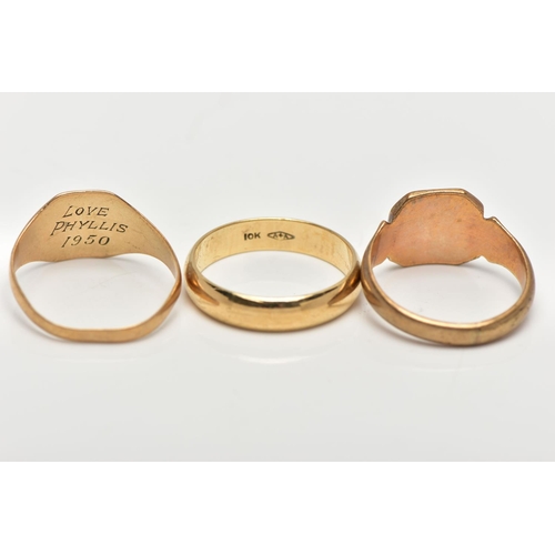 18 - TWO 9CT GOLD SIGNET RINGS AND A POLISHED BAND, the first a polished vacant square signet ring with c... 