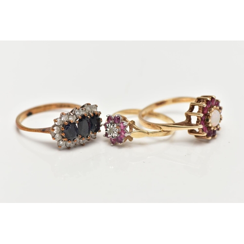 22 - THREE GEM SET RINGS, the first an opal and ruby cluster ring, hallmarked 9ct Birmingham, ring size I... 