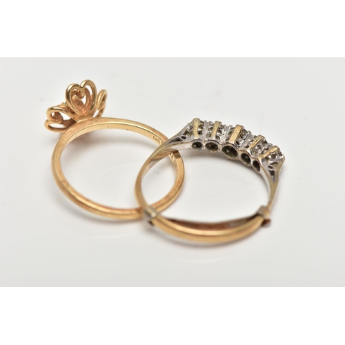 23 - TWO GEM SET RINGS, the first a designed as a small openwork flower centering on a small claw set eme... 