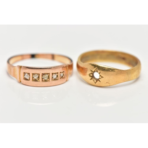 24 - TWO RINGS, the first an AF polished yellow metal star set single stone ring (stone is missing), stam... 