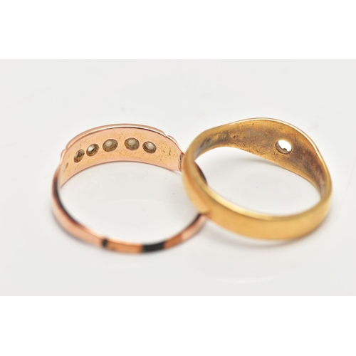 24 - TWO RINGS, the first an AF polished yellow metal star set single stone ring (stone is missing), stam... 