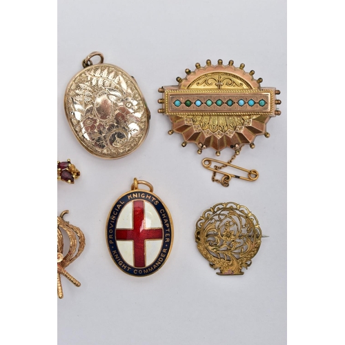 26 - FIVE BROOCHES AND THREE PENDANTS, to include a gold plated diamond shape brooch set with an oval cut... 