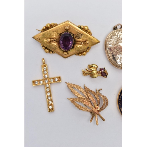 26 - FIVE BROOCHES AND THREE PENDANTS, to include a gold plated diamond shape brooch set with an oval cut... 