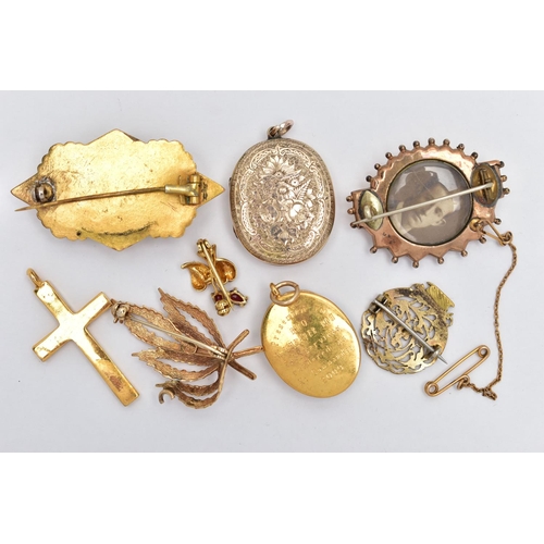 26 - FIVE BROOCHES AND THREE PENDANTS, to include a gold plated diamond shape brooch set with an oval cut... 