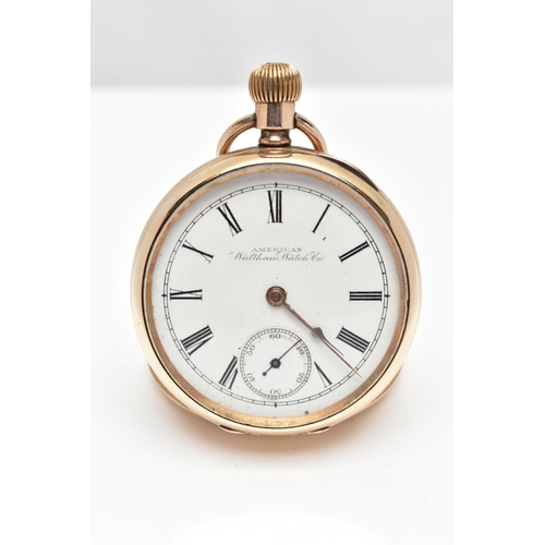 27 - A GOLD PLATED 'WALTHAM' OPEN FACE POCKET WATCH, manual wind, round white dial signed 'American Walth... 