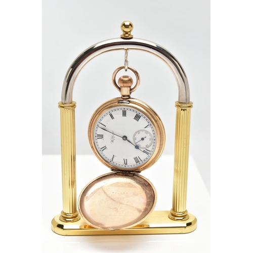 28 - A GOLD PLATED FULL HUNTER 'WALTHAM' POCKET WATCH AND STAND, manual wind, round white dial signed 'Wa... 