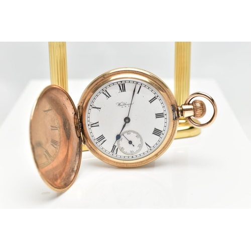 28 - A GOLD PLATED FULL HUNTER 'WALTHAM' POCKET WATCH AND STAND, manual wind, round white dial signed 'Wa... 