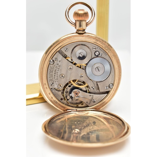 28 - A GOLD PLATED FULL HUNTER 'WALTHAM' POCKET WATCH AND STAND, manual wind, round white dial signed 'Wa... 