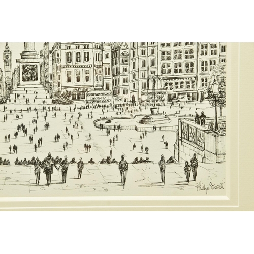 311 - PHILIP BISSELL (BRITISH CONTEMPORARY) 'TRAFALGAR SQUARE SKETCH II', a pen and ink sketch of the Lond... 