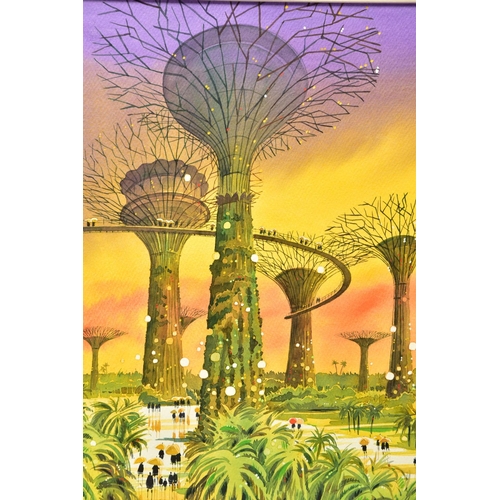 321 - PETER J RODGERS (BRITISH CONTEMPORARY) 'GARDENS BY THE BAY, SINGAPORE', a landscape depicting the ho... 