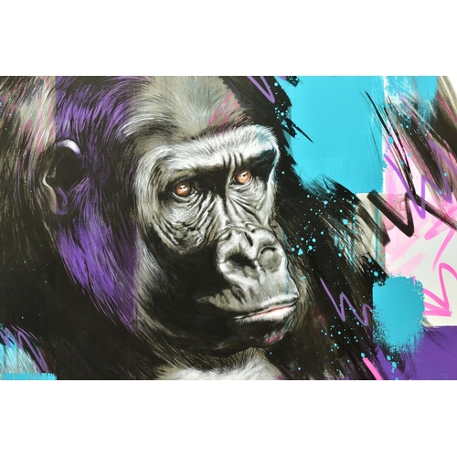 336 - JEN ALLEN (BRITISH 1979) 'KINSHIP', a colourful portrait of gorilla, signed bottom right, titled ver... 