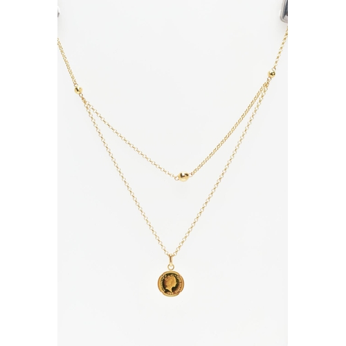 34 - AN 18CT GOLD CHAIN NECKLACE, a fine trace chain, fitted with an additional part chain to appear as a... 