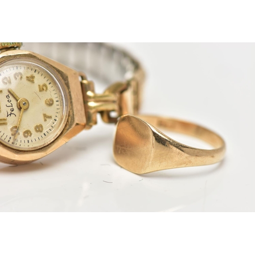 37 - A 9CT GOLD WATCH HEAD AND YELLOW METAL SIGNET RING, hand wound movement, champagne colour dial signe... 