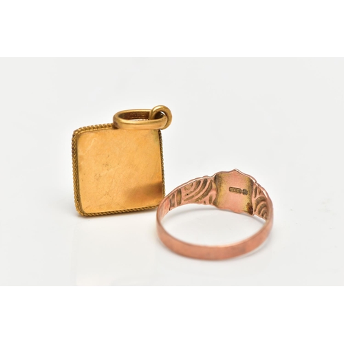 39 - AN EARLY 20TH CENTURY 9CT ROSE GOLD RING AND A YELLOW METAL GUILLOCHE ENAMEL PENDANT, the rose gold ... 