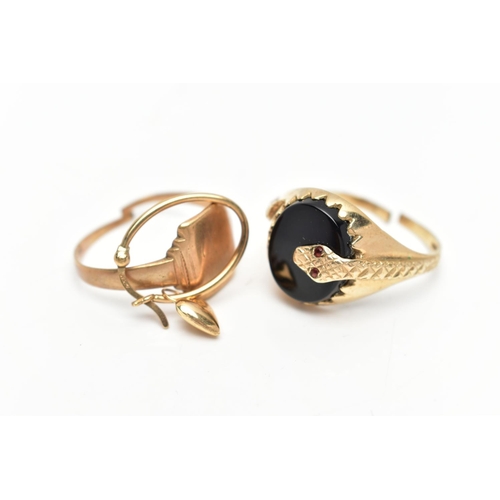 42 - TWO RINGS AND A SINGLE EARRING, the first ring is an AF gents oval onyx signet detailed with a wrapa... 