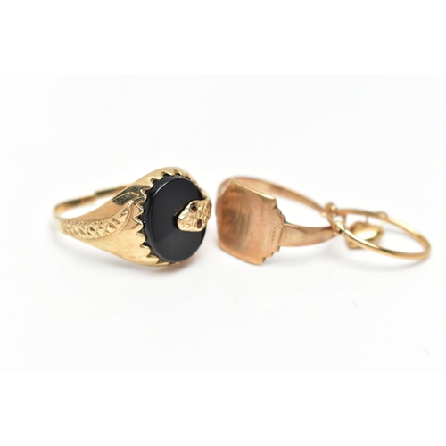 42 - TWO RINGS AND A SINGLE EARRING, the first ring is an AF gents oval onyx signet detailed with a wrapa... 