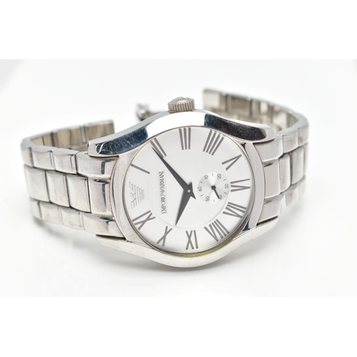 45 - A GENTS 'EMPORIO ARMANI' WRISTWATCH, round silver dial signed 'Emporio Armani', Roman numerals, seco... 