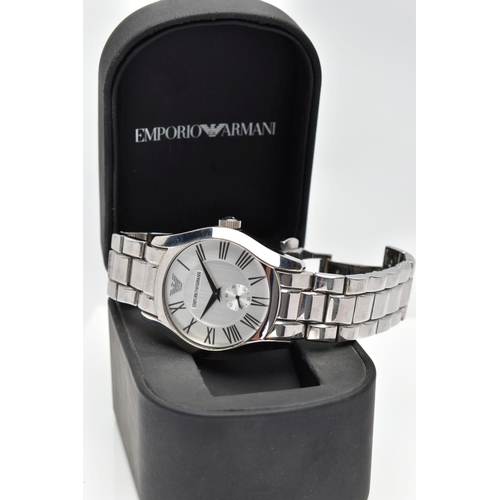 45 - A GENTS 'EMPORIO ARMANI' WRISTWATCH, round silver dial signed 'Emporio Armani', Roman numerals, seco... 