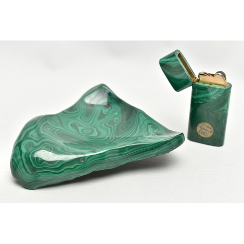 46 - A CARVED MALACHITE FLIP CIGARETTE LIGHTER AND ASHTRAY, lighter measuring approximately 6cm x 3cm, as... 