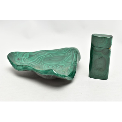 46 - A CARVED MALACHITE FLIP CIGARETTE LIGHTER AND ASHTRAY, lighter measuring approximately 6cm x 3cm, as... 