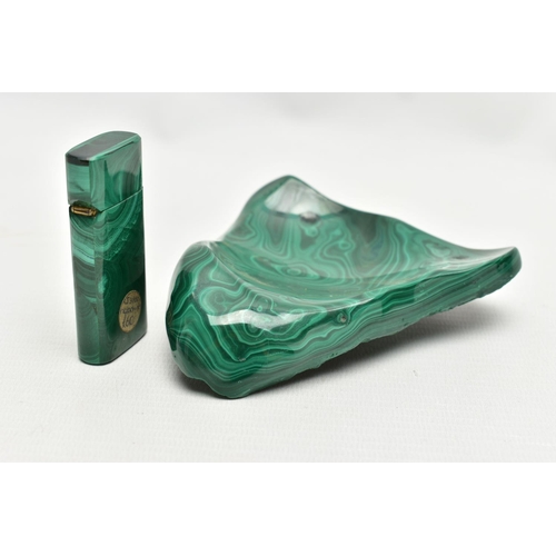 46 - A CARVED MALACHITE FLIP CIGARETTE LIGHTER AND ASHTRAY, lighter measuring approximately 6cm x 3cm, as... 