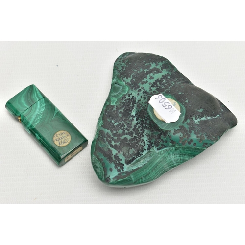 46 - A CARVED MALACHITE FLIP CIGARETTE LIGHTER AND ASHTRAY, lighter measuring approximately 6cm x 3cm, as... 