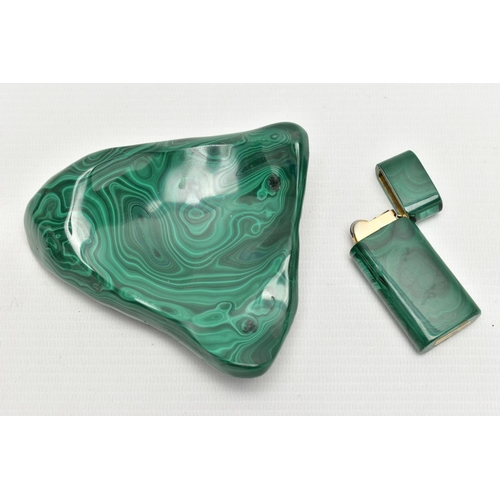 46 - A CARVED MALACHITE FLIP CIGARETTE LIGHTER AND ASHTRAY, lighter measuring approximately 6cm x 3cm, as... 