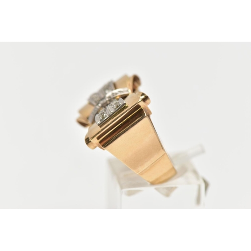 5 - A YELLOW METAL AND DIAMOND DRESS RING, designed as a large bow, fifteen rose cut diamonds set into a... 