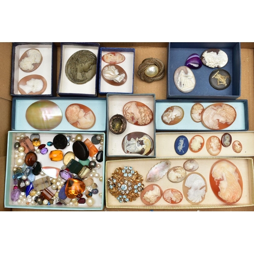 53 - A BOX OF LOOSE CAMEOS, to include an oval high relief lava cameo, depicting a lady in profile, vario... 