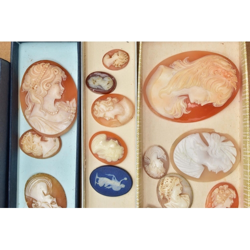 53 - A BOX OF LOOSE CAMEOS, to include an oval high relief lava cameo, depicting a lady in profile, vario... 