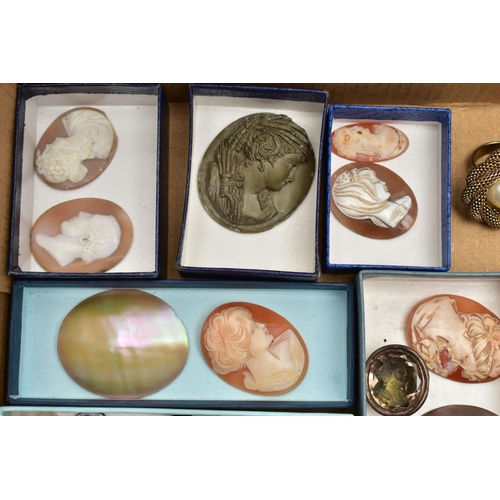 53 - A BOX OF LOOSE CAMEOS, to include an oval high relief lava cameo, depicting a lady in profile, vario... 