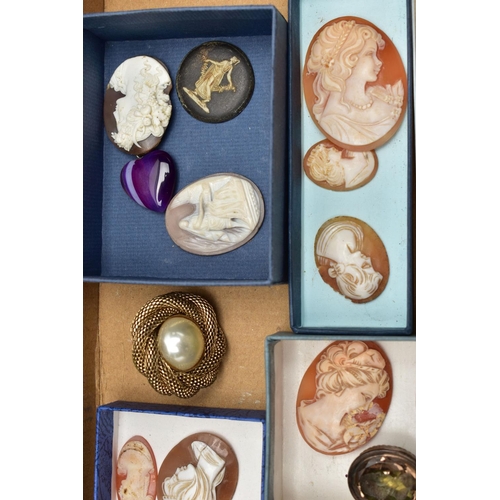 53 - A BOX OF LOOSE CAMEOS, to include an oval high relief lava cameo, depicting a lady in profile, vario... 