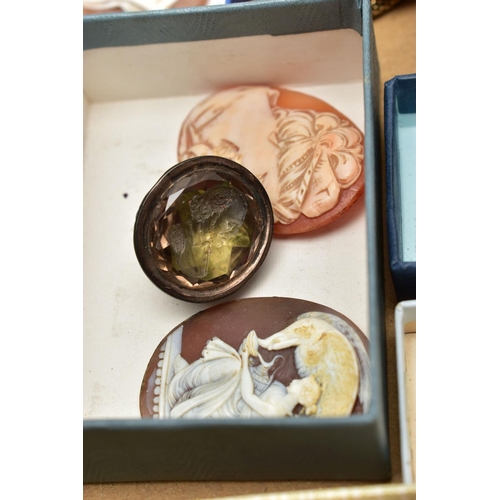 53 - A BOX OF LOOSE CAMEOS, to include an oval high relief lava cameo, depicting a lady in profile, vario... 