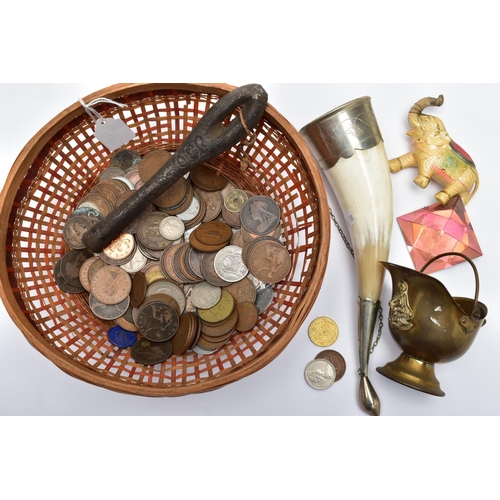 54 - A BASKET OF COINAGE AND OTHER ITEMS, to include a silver South African 2 1/2 shilling coin, 1918 thr... 