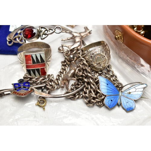 56 - A SELECTION OF SILVER WHITE METAL AND COSTUME JEWELLERY, to include a Norwegian Marius Hammer blue e... 