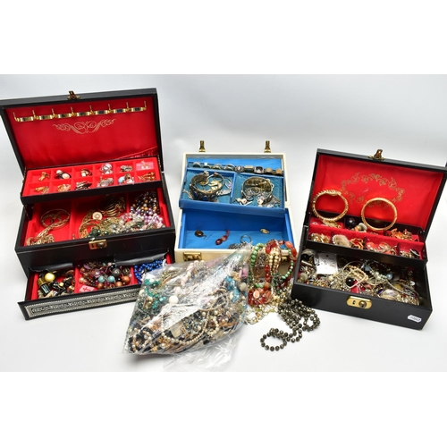 58 - THREE JEWLLERY BOXES AND COSTUME JEWELLERY, to include a large faux black leather jewellery box with... 