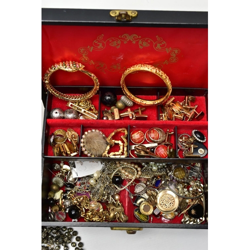 58 - THREE JEWLLERY BOXES AND COSTUME JEWELLERY, to include a large faux black leather jewellery box with... 