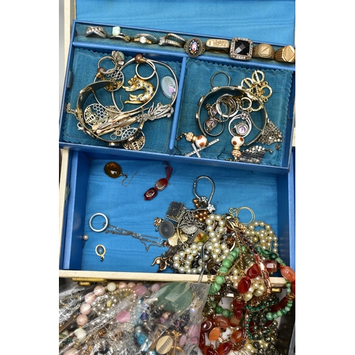 58 - THREE JEWLLERY BOXES AND COSTUME JEWELLERY, to include a large faux black leather jewellery box with... 