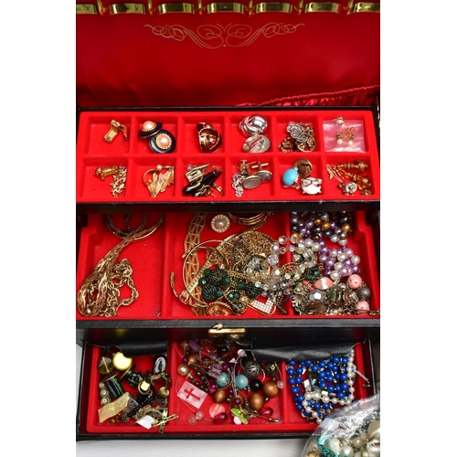 58 - THREE JEWLLERY BOXES AND COSTUME JEWELLERY, to include a large faux black leather jewellery box with... 