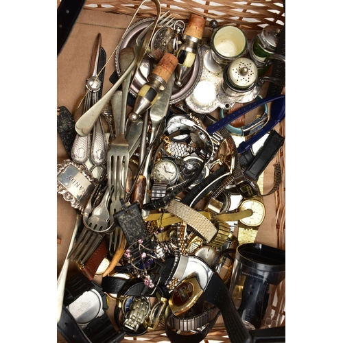 59 - A WICKER BASKET WITH ITEMS, items to include various ladies and gents fashion wristwatches mostly qu... 