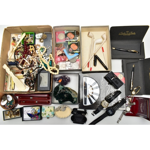 60 - A BOX OF ASSORTED ITEMS, to include various cufflinks, brooches, fruit knives, a ladies 'Rotary' qua... 