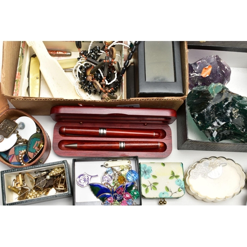 60 - A BOX OF ASSORTED ITEMS, to include various cufflinks, brooches, fruit knives, a ladies 'Rotary' qua... 