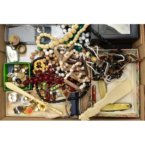 60 - A BOX OF ASSORTED ITEMS, to include various cufflinks, brooches, fruit knives, a ladies 'Rotary' qua... 