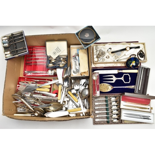 63 - AN ASSORTMENT OF SILVER AND CUTLERY, to include a fish knife hallmarked 'Joseph Rodgers & Sons' star... 