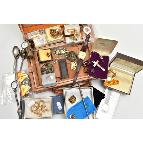 64 - A BROWN JEWELLERY BOX WITH CONTENTS AND OTHER ITEMS, worn tan jewellery box with contents such as a ... 