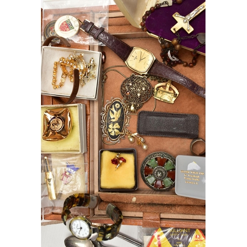 64 - A BROWN JEWELLERY BOX WITH CONTENTS AND OTHER ITEMS, worn tan jewellery box with contents such as a ... 