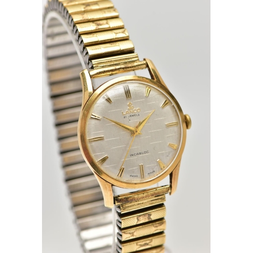 7 - AN 18CT GOLD LANCO WRISTWATCH, hand wound movement, round silver tone dial signed Lanco 21 jewel... 