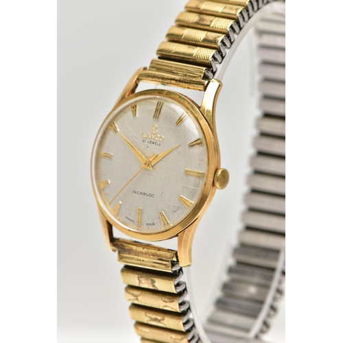 7 - AN 18CT GOLD LANCO WRISTWATCH, hand wound movement, round silver tone dial signed Lanco 21 jewel... 