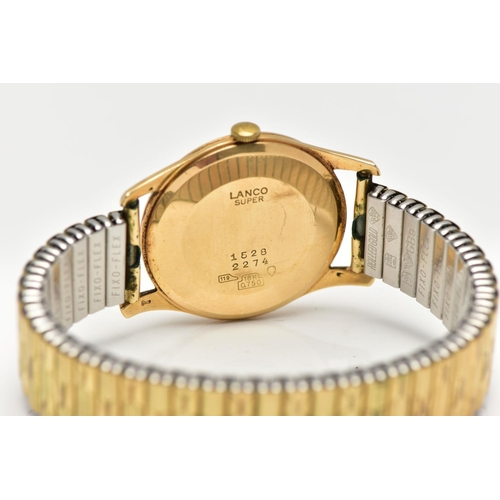 7 - AN 18CT GOLD LANCO WRISTWATCH, hand wound movement, round silver tone dial signed Lanco 21 jewel... 